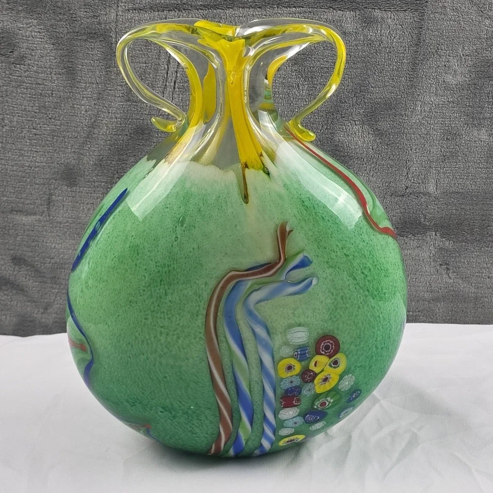 Murano Style Art Glass Vase Millefiori Yellow Green Double Handle Vase 11